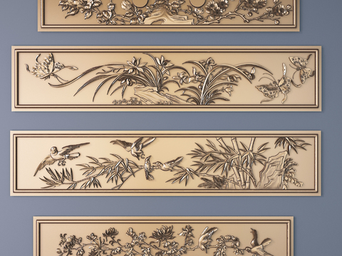 Chinese Metal Plum, Orchid, Bamboo and Chrysanthemum Relief