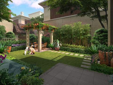 Neo-Chinese Style villa courtyard garden landscape psd