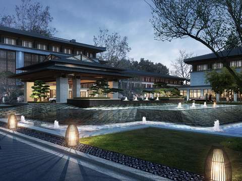 Neo-Chinese Style residential building exterior landscape psd