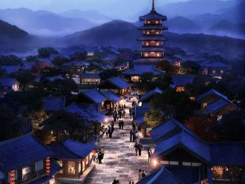 Chinese ancient building folk night landscape psd