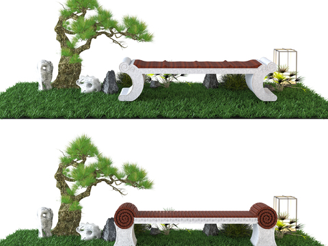 Neo-Chinese Style Outdoor Stone Bench Tree Landscape