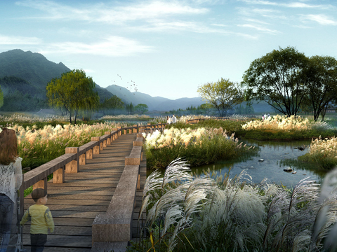 modern wetland covered bridge reed garden psd