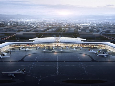 Modern Airport Building Bird's Eye View at Night