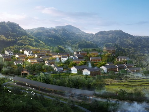 Neo-Chinese Style mountain residential building bird's eye view psd