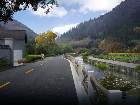 Neo-Chinese Style road bridge landscape psd