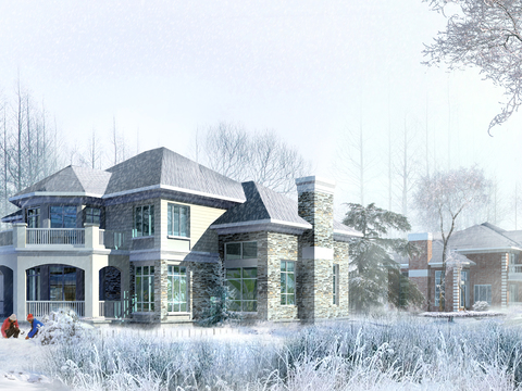 European-style single-family villa exterior snow psd