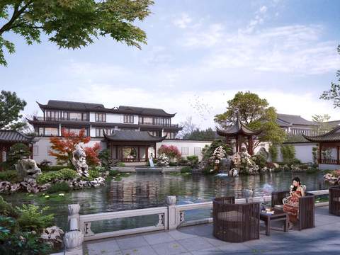 Neo-Chinese Style flowing water garden landscape psd