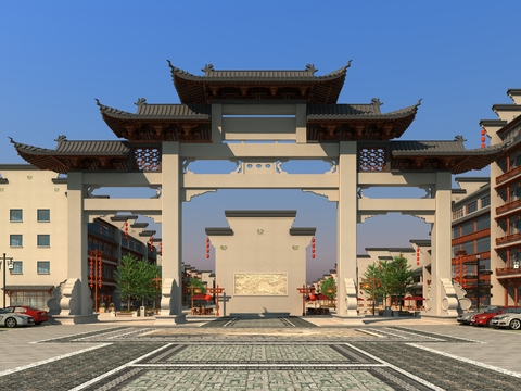 Chinese Ancient Archway Commercial Street Parking Lot