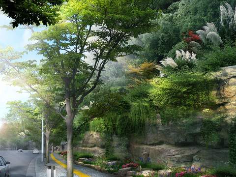 road landscape hillside sidewalk psd