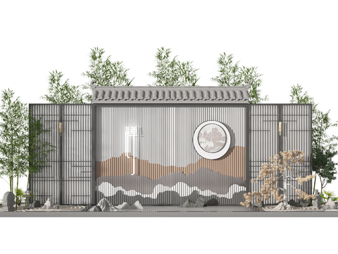 Neo-Chinese Style garden fence rockery bamboo sketch