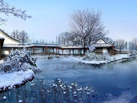 Neo-Chinese Style bridge pavilion snow scene psd