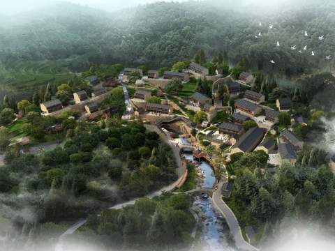 Neo-Chinese Style river garden bird's eye view psd