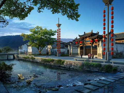 Neo-Chinese Style river building exterior landscape psd