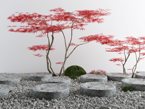 Neo-Chinese Style Red Maple Tree Rock Landscape