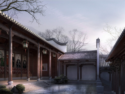 Chinese ancient architecture temple atrium psd