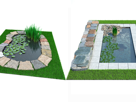 Modern outdoor pond waterscape gardening sketch