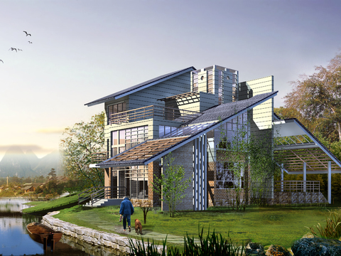 Modern villa along the lake exterior psd