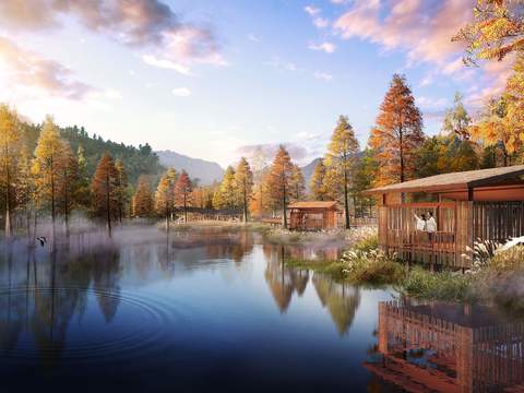 modern bamboo pavilion wetland landscape psd