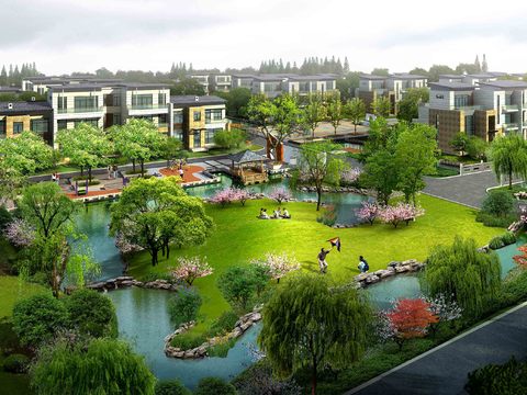 Modern Wetland Park Residential Building Bird's Eye View psd