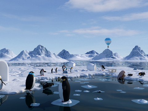 Modern Antarctic Snow Mountain Penguin Landscape