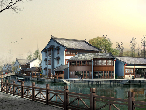 Appearance of New Chinese-style River Commercial Building psd