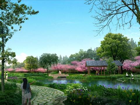 Neo-Chinese Style wetland bridge landscape psd