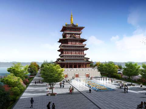 Chinese ancient building tower landscape psd