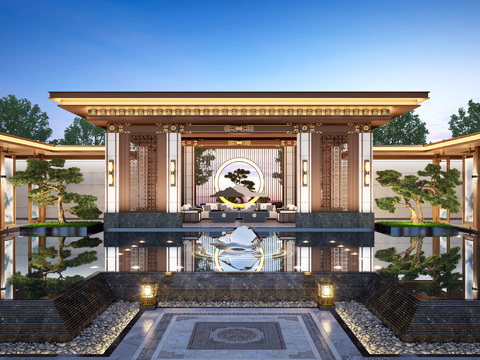 New Chinese Courtyard Pavilion Night View