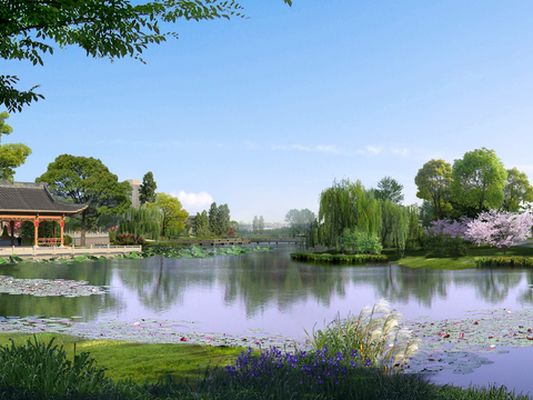 Neo-Chinese Style wetland landscape psd