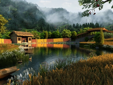 Chinese style mountain forest stream farm landscape