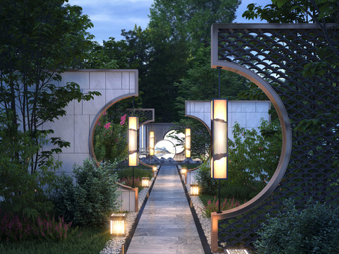 Neo-Chinese Style Garden Landscape at Night