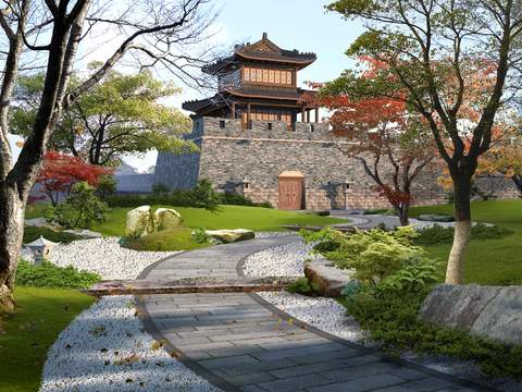 Chinese Courtyard Park Landscape psd