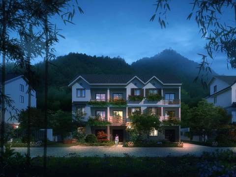 Neo-Chinese Style residential building exterior night scene psd