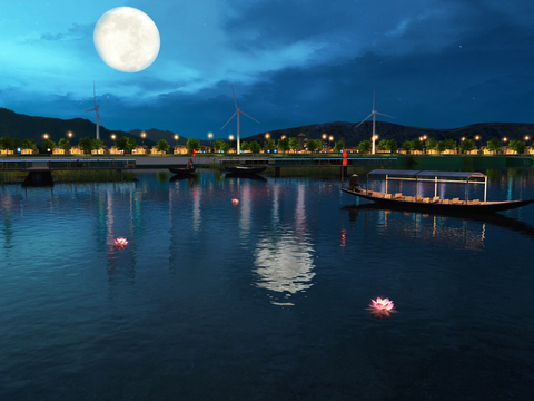 Modern Lake Pier Boat Night View