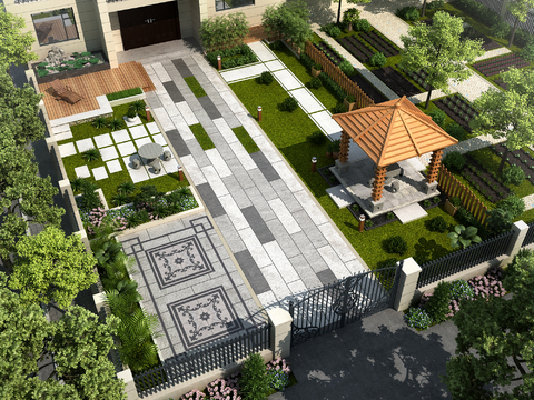 New Chinese villa courtyard bird's eye view