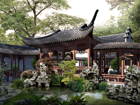 new chinese courtyard garden landscape psd