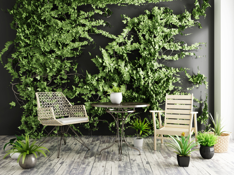 Modern leisure table and chair vine plant wall combination