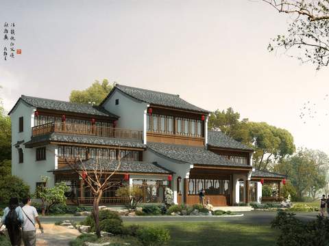 Neo-Chinese Style architectural appearance garden landscape psd