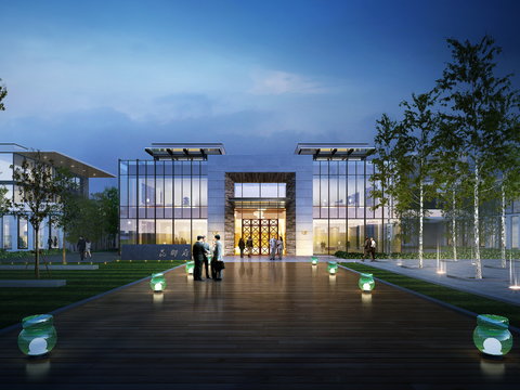 modern sales office building exterior night scene psd