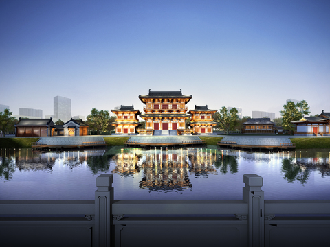 Chinese-style ancient lakeside temple night view