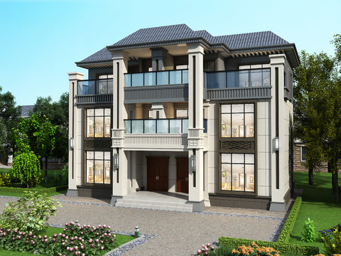 Neo-Chinese Style Single Family Villa Appearance Free