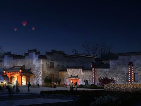 New Chinese Ancient Garden Appearance Night View psd