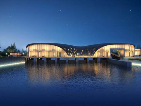 modern lakeside building exterior night scene psd