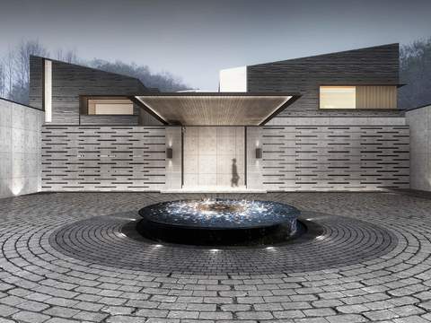 modern office building courtyard water feature psd