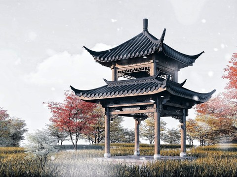 Chinese-style ancient pavilion with heavy eaves