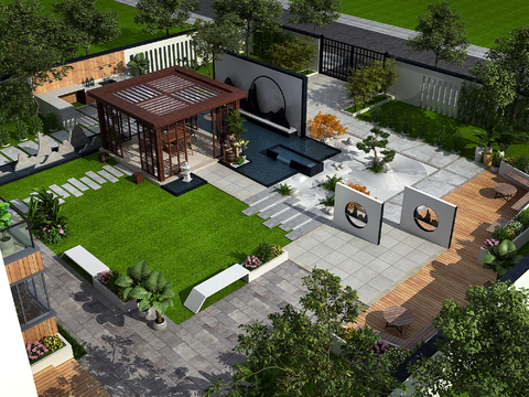 Modern villa courtyard garden bird's eye view