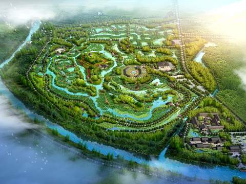 modern wetland garden bird's eye view landscape psd