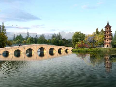 Chinese Ancient Pagoda Appearance Wetland Covered Bridge Park psd