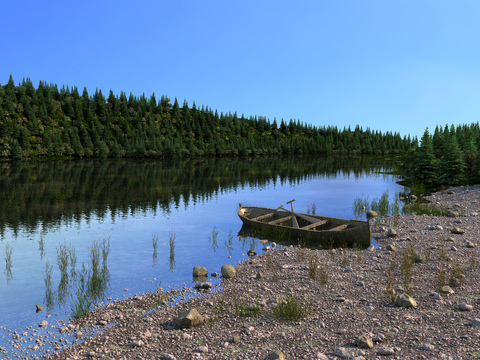 Natural Wind River Beach River Wooden Boat Mountain Forest Landscape