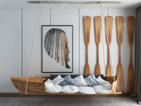 Natural wind log boat-shaped hanging chair